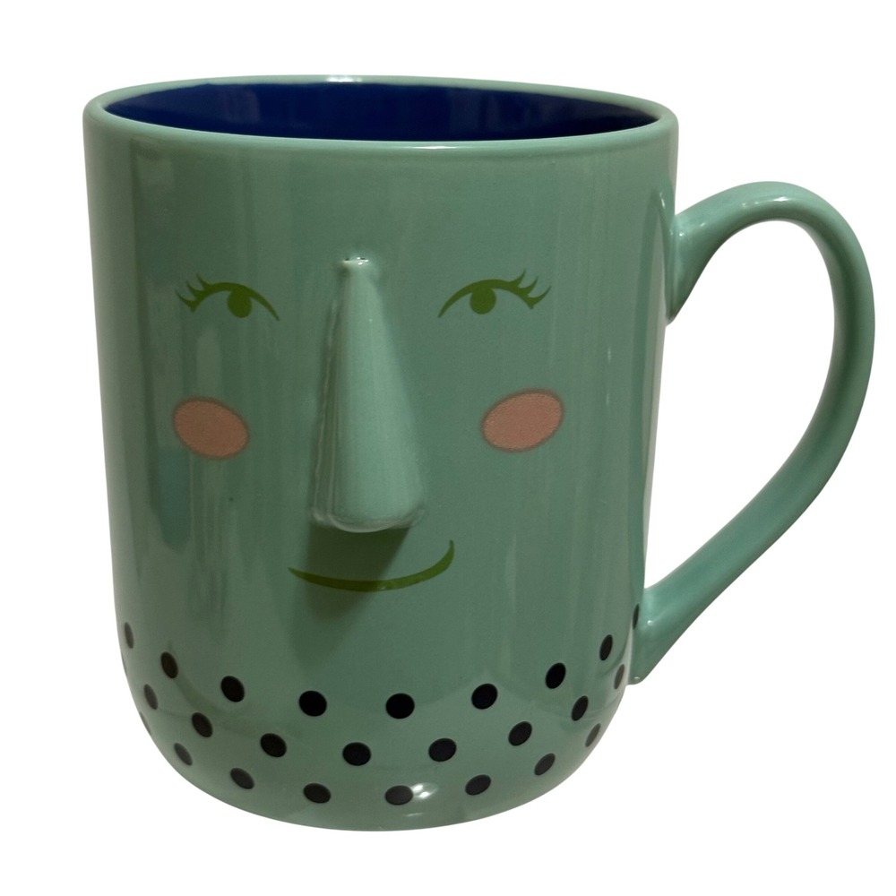 Mint Green 3D Face Mug with Sculpted Nose Polka Dots Blue Interior Ceramic 4.5in